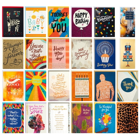 Hallmark Mahogany Assorted Boxed Handmade Greeting Cards—Birthday, Baby Shower, Wedding, Sympathy, Thinking of You, Thank You, Pack of 24