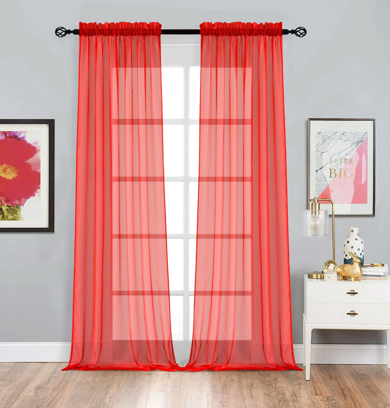 Basic Home Rod Pocket Sheer Voile Window Curtains Red, 95 in. Long