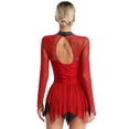 thumbnail image 3 of Sholeno Women Rhinestone Figure Ice Skating Dress Long Sleeve High Low Hem Roller Skating Gymnastic Burgundy S, 3 of 6