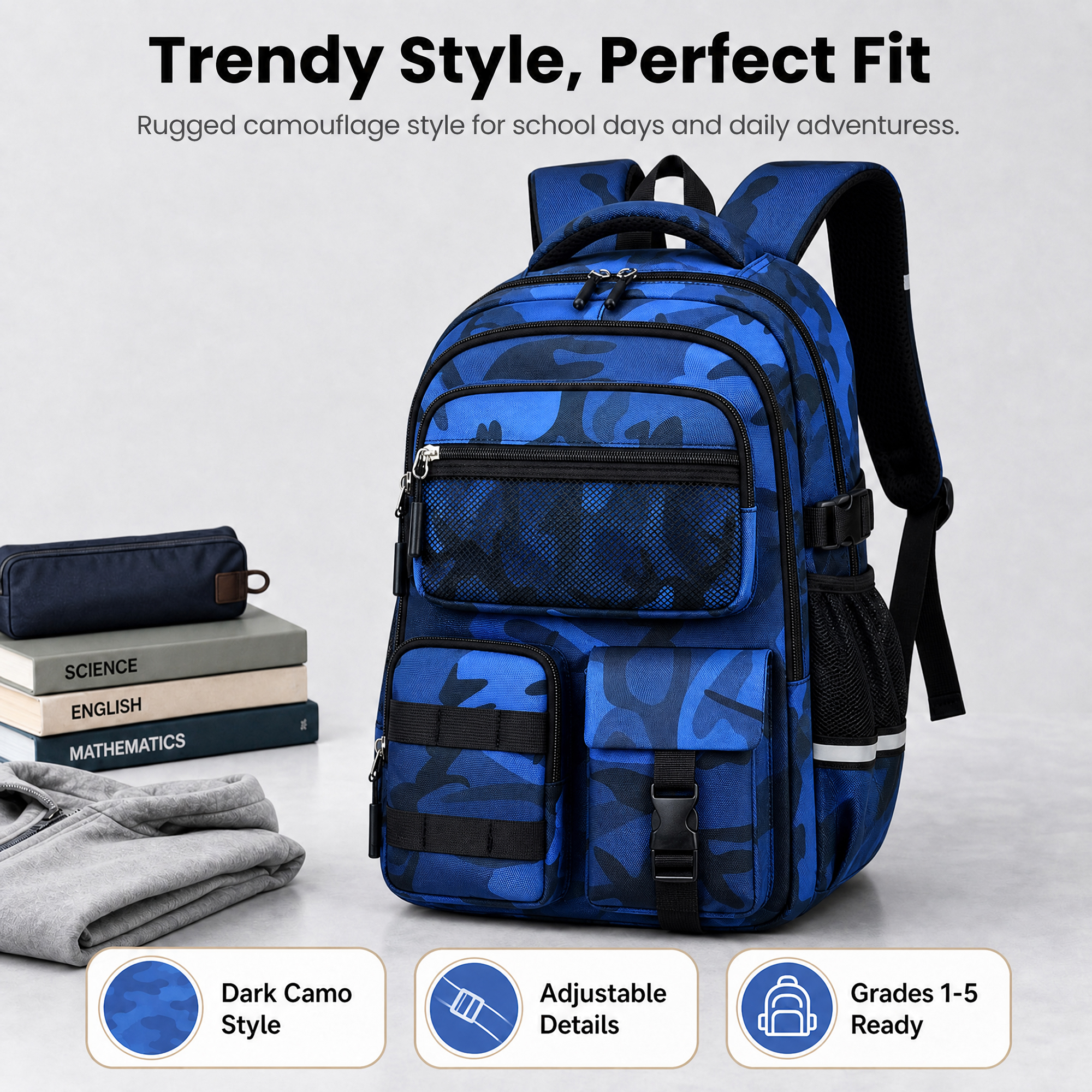 Mochila escolar para niños de 1° a 5° grado, camuflada, repelente al agua, con tiras reflectantes, transpirable, para primaria y secundaria, 22L 7