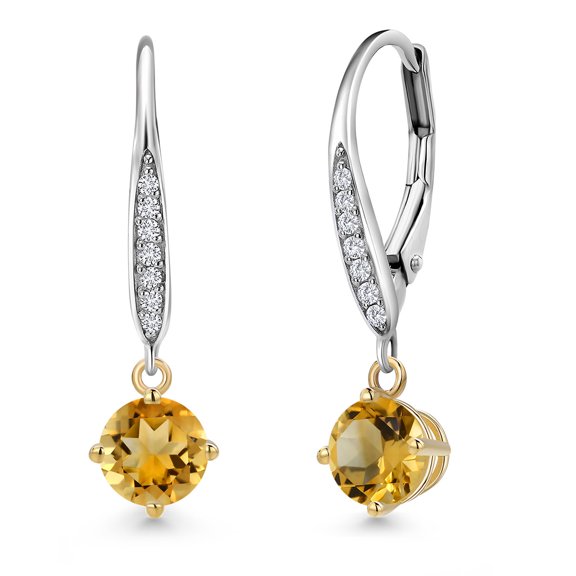 Gem Stone King 925 Silver and 10K Yellow Gold Yellow Citrine and Lab Grown Diamond Dangle Earrings for Women | 0.74 Cttw | Gemstone November Birthstone | Round 4.5MM