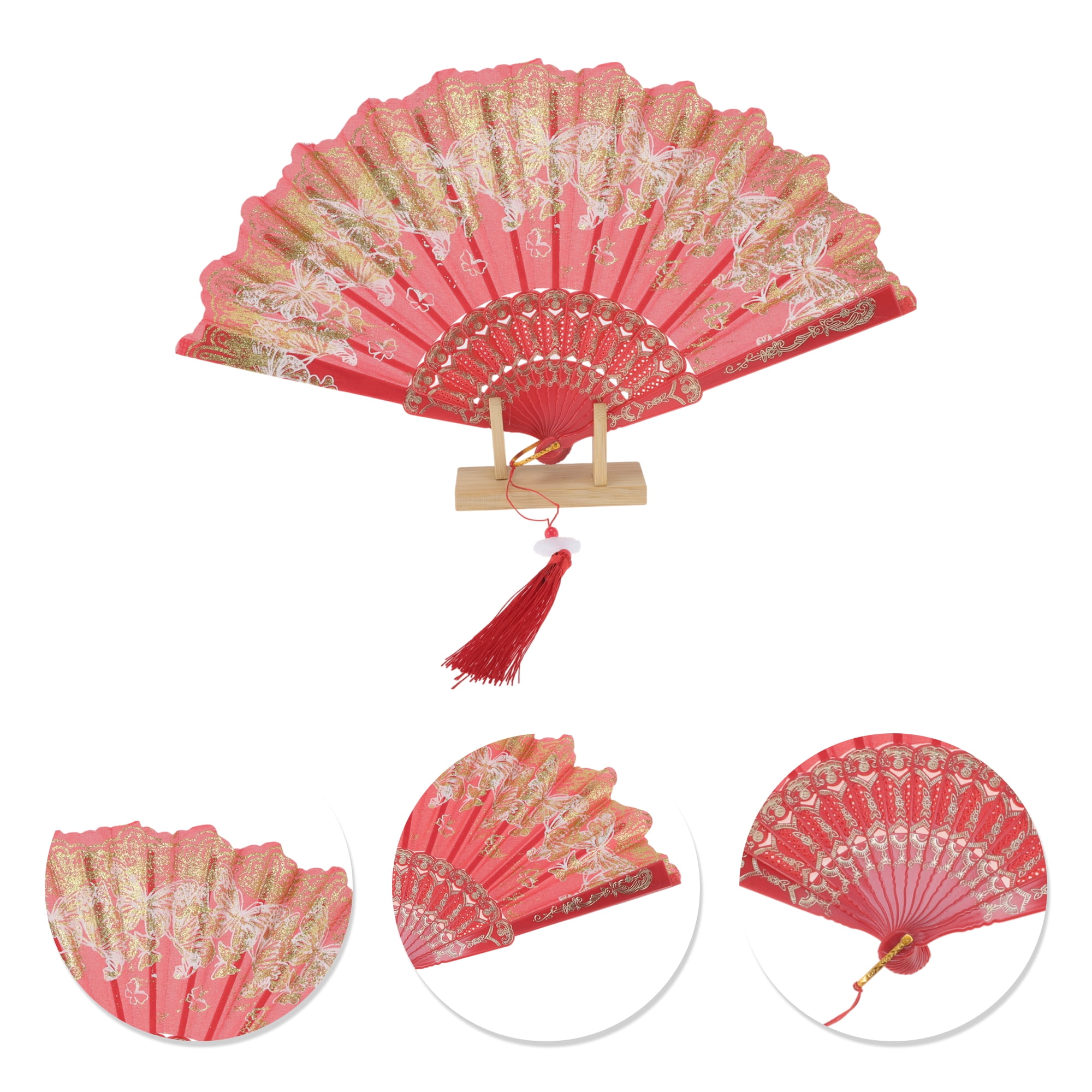 Unique Bargains Elegant Butterfly With Tassel Folding Fan 1PC Red