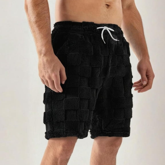 Ynynloco Men's Fuzzy Plush Shorts – Checkered Fluffy Lounge Shorts with Drawstring and Pockets for Homewear