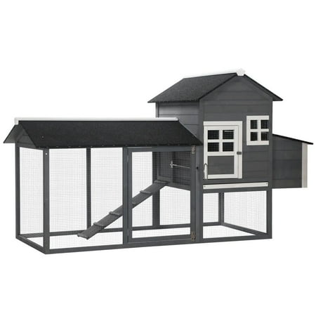 Spaco 84 Wooden Chicken Coop Hen House with Run Nesting Box Asphalt Roof Removable Tray Ramp Poultry Cage for 2-3 Chickens Gray