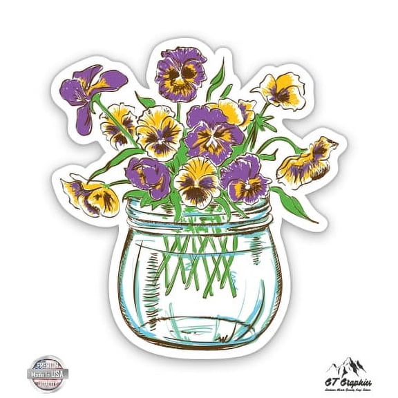 Pansies in Mason Jar - 3" Vinyl Sticker - For Car Laptop I-Pad Phone Helmet Hard Hat - Waterproof Decal
