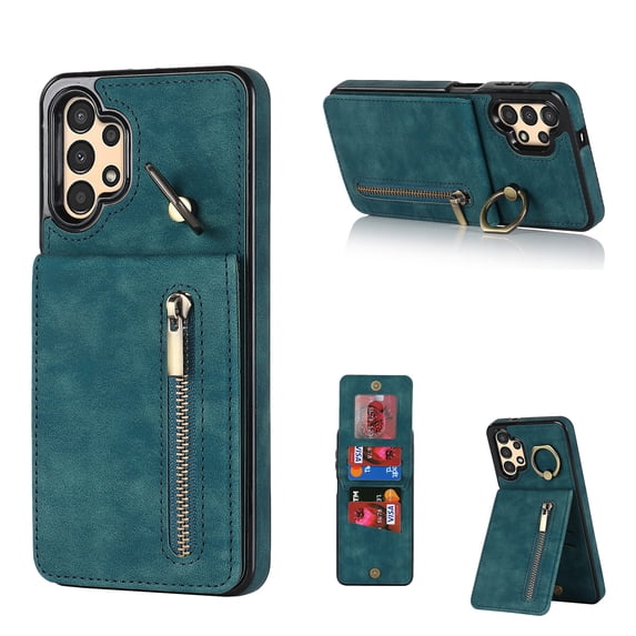 Mantto Wallet Case for Samsung A14 5G, Slim Premium Credit Card Slot, Zipper Wallet Case with Ring Holder Kickstand Leather Magnetic Flip Back Shockproof Cover for Samsung Galaxy A14 5G, Blue