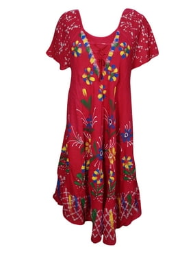 Mogul Women's Floral Red Caftan Dress Flowy Boho Chic Cover Up Dresses M