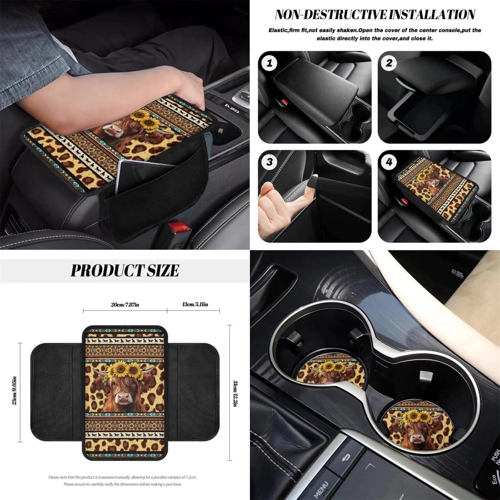 Yuyamidu Highland Cow Front Car Seat Covers Full Set of 12 Aztec Steering Wheel Cover Seat Belt Armrest Cover Trash Can Air Vent Holder Rear View Mirror Cover Coasters Keychain Auto Interior Decor