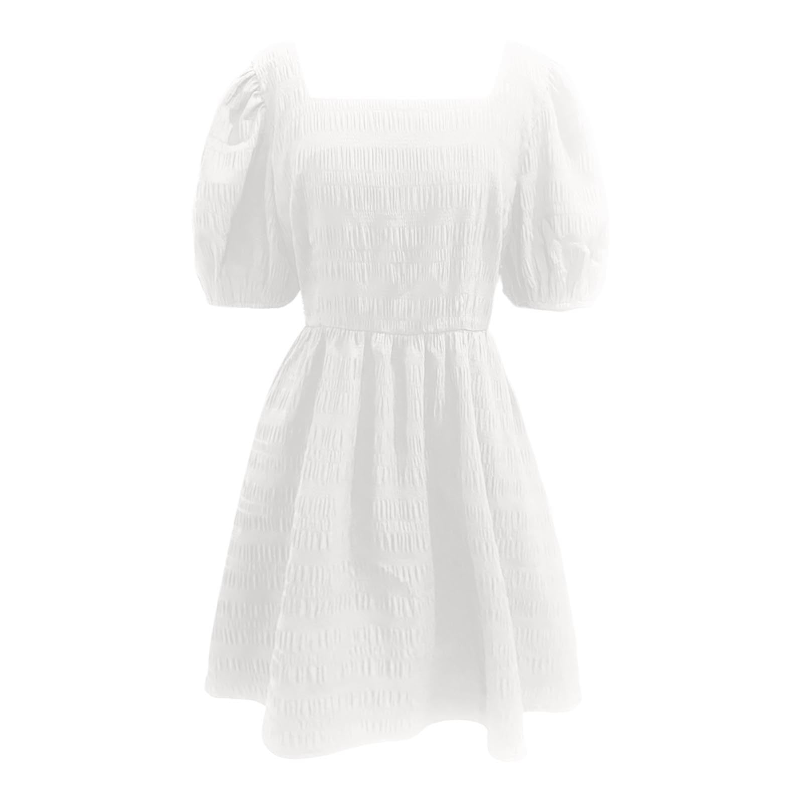 MIXUE Summer Dresses for Women Solid Color Square Neckline Puff Sleeve A Line Mini Casual Dress Outwear,White,L