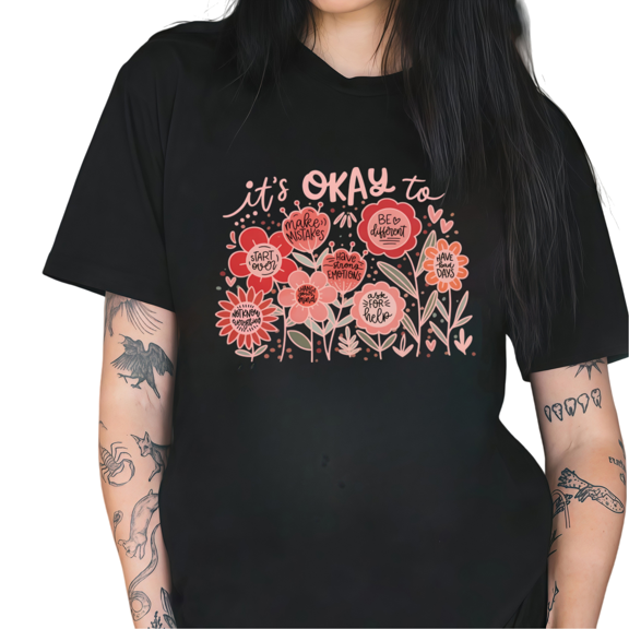 Cozymy Women's It's Okay to Mental Health Floral Graphic V-Neck Short Sleeve T-Shirt Casual Tee