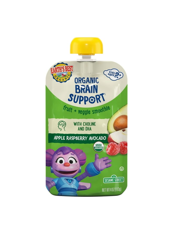 Earth's Best Organic Toddler Food, Apple Raspberry Avocado Brain Benefit Fruit Smoothie, 4 oz Pouch
