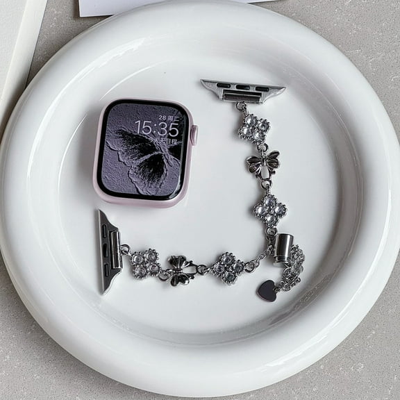 Compatible for Apple Watch Band 49mm 45mm 44mm 42mm, Women Girl Diamond Four-Leaf Clover Bracelet, Chain Style Shiny Rhinestone Wristband for iWatch Ultra Series 9 8 7 6 5 4 SE 3 2 1, Silver