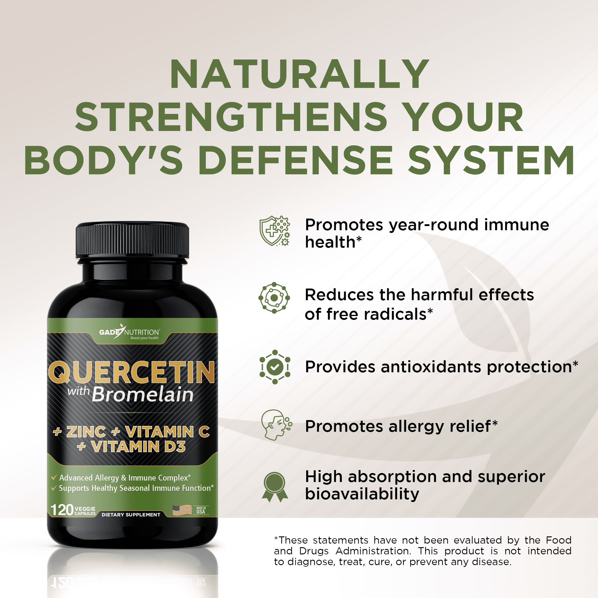 Gade Nutrition Quercetin with Bromelain, Vitamin D, Vitamin C and Zinc - 240 Veggie (Non-GMO, Gluten-Free, Vegan - Made in the USA)