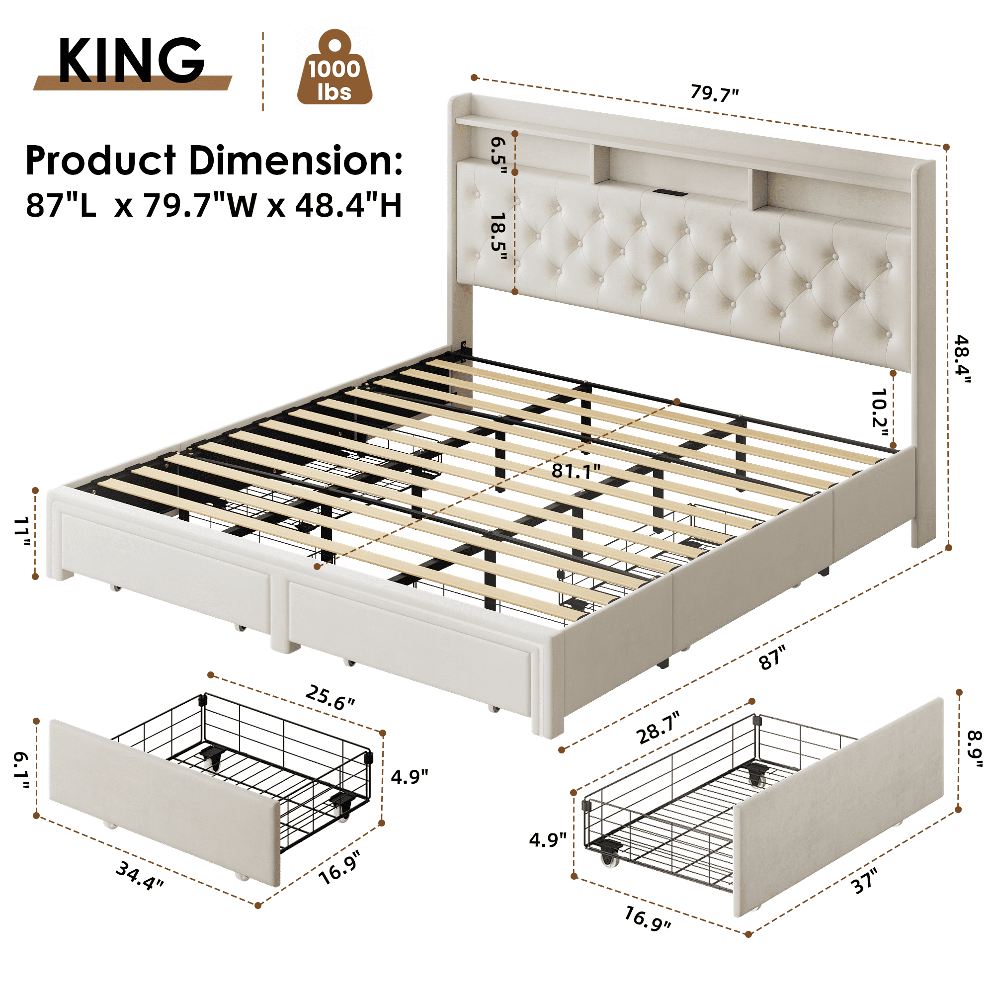 Gewnee King Size Velvet Upholstered Headboard - 2 Large Storage Drawers, Built-in Charging Station, for Bedroom