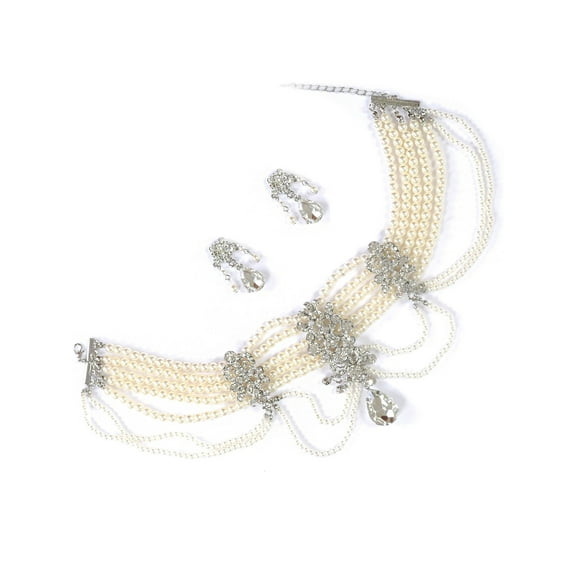 Rhodium Crystal Dangle Large Teardrop and White Pearl 7 Line Choker Necklace and Dangle Earrings Jewelry Set