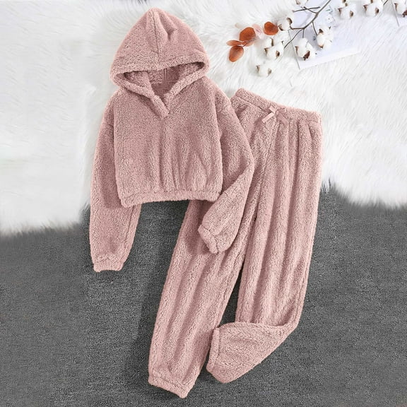 BONIXOOM Christmas Family Pajamas Matching Sets Girls Christmas Pajamas Sleepwear None Long Sleeve Solid Sleepwear Sets Pink L