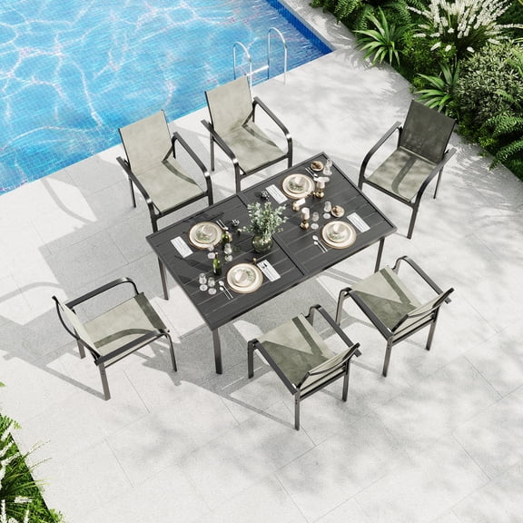 Patio Dining Set, Outdoor Dining Set 7-Piece with Rectangular Metal Table & 6 Sling Chairs - Breathable, for Backyard Deck Porch, Black Table Beige Chairs