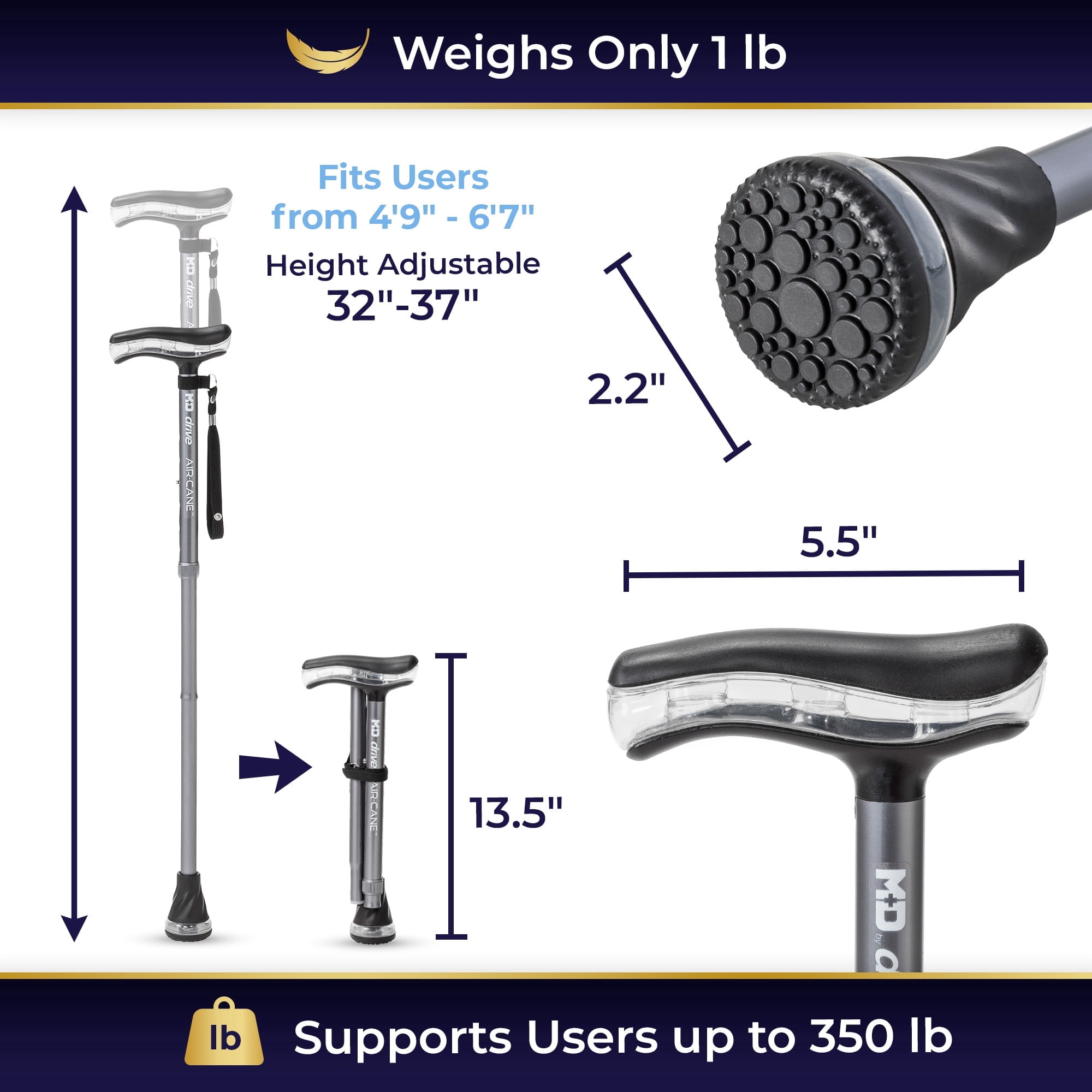MD by Drive Air-Cane™, Lightweight Folding Walking Cane for Seniors and Adults, T-Handle, 350 lbs Capacity, Non-Slip Air Tip, Collapsible Design (Slate)