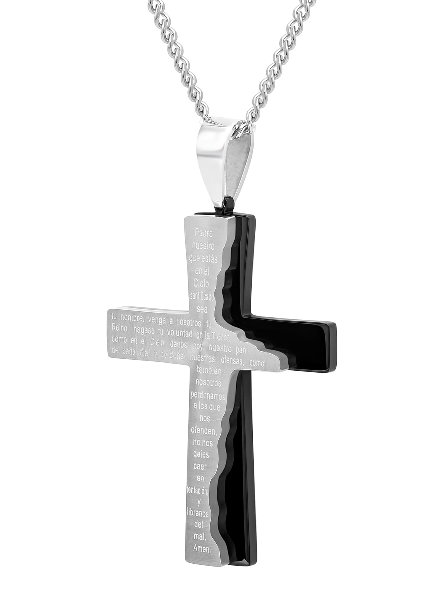 Men's Black Stainless Steel Padre Nuestro Cross Tablet Pendant - Brilliance Fine Jewelry