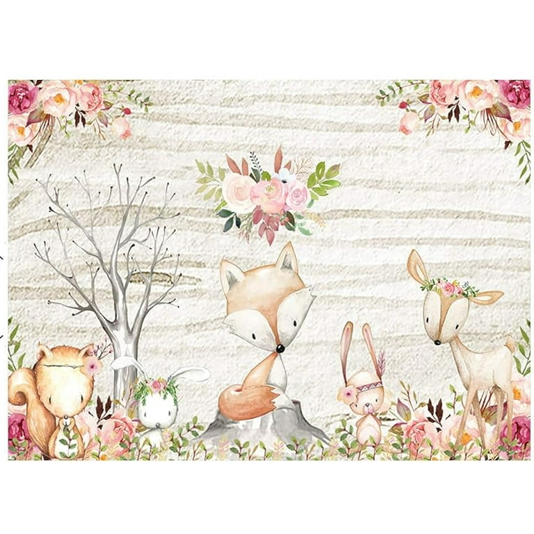 Rustic Girl Woodland Animals Baby Shower Backdrop Pink Floral