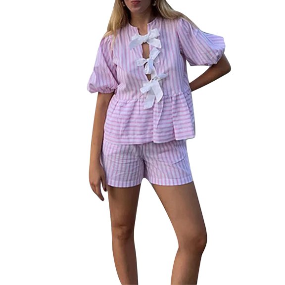 Aojekbee Women Shorts Set, Striped Short Sleeve Tie-up Shirt with Elastic Waist Shorts Summer Outfit