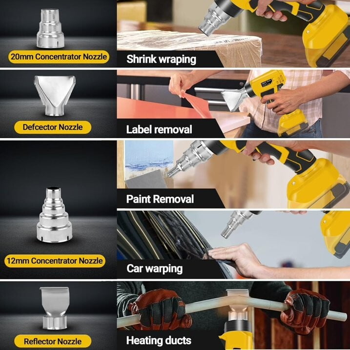 360W Cordless Heat Gun Compatible with DeWalt 20V Max Battery, Adjustable Temperature Hot Air Gun with 4 Nozzles, Portable Heat Gun for Shrink Wrap, PVC, Paint Removal (Tool Only)