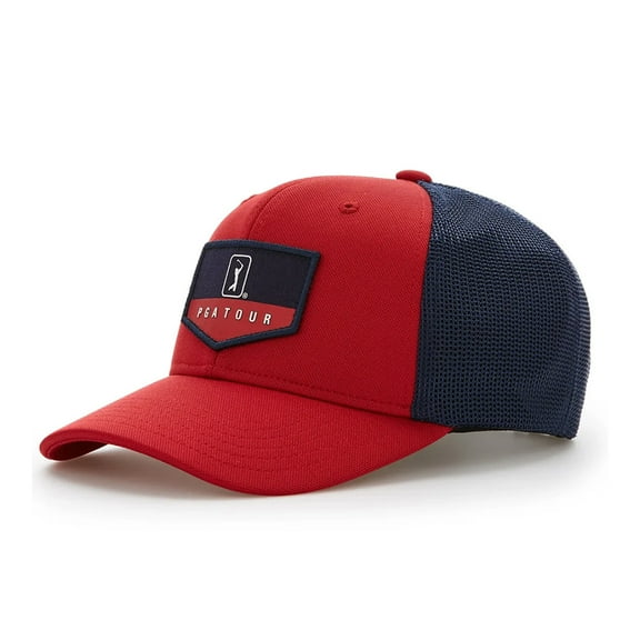 PGA Tour Men's Americana Trucker Adjustable Golf Hat, Red/Navy -