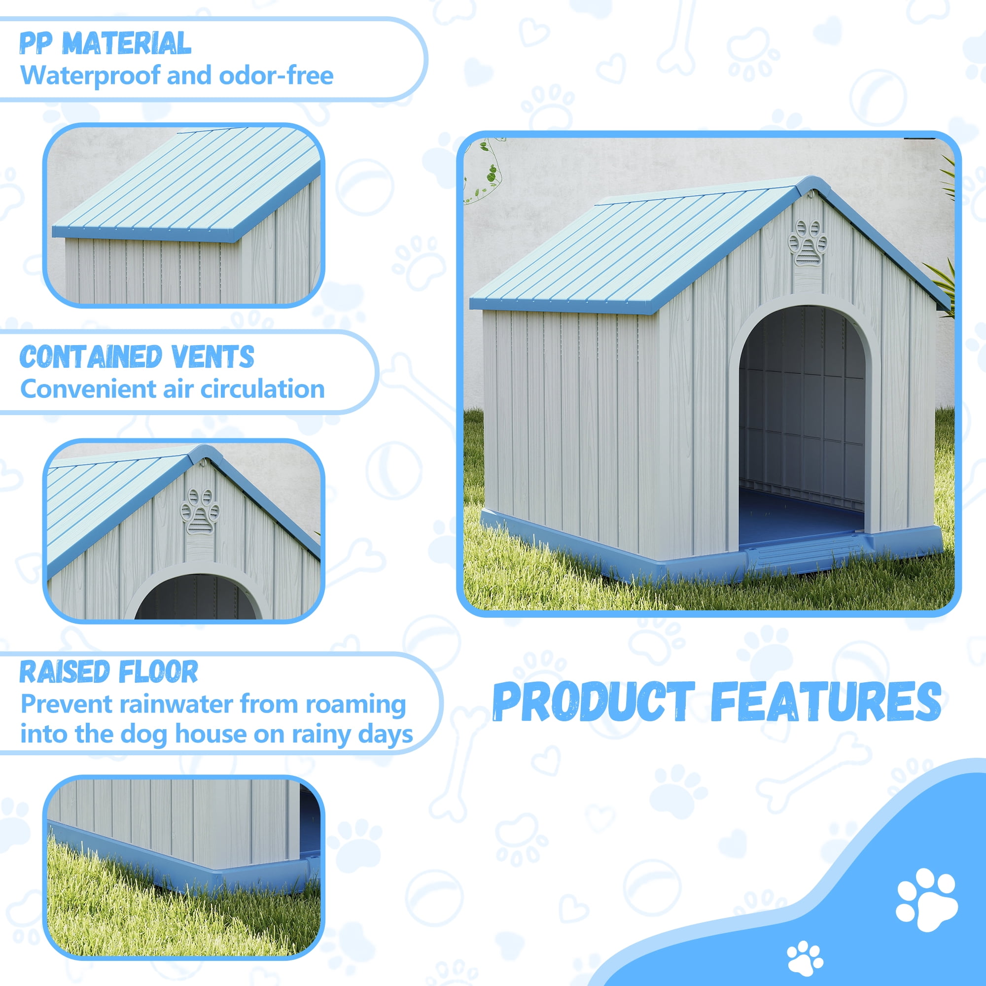 FICARTS Indoor/Outdoor Weather-Resistant Dog House, Elevated Pet Shelter with Sloped Roof & Ventilation, Durable Dog Kennel for Medium to Large Dogs