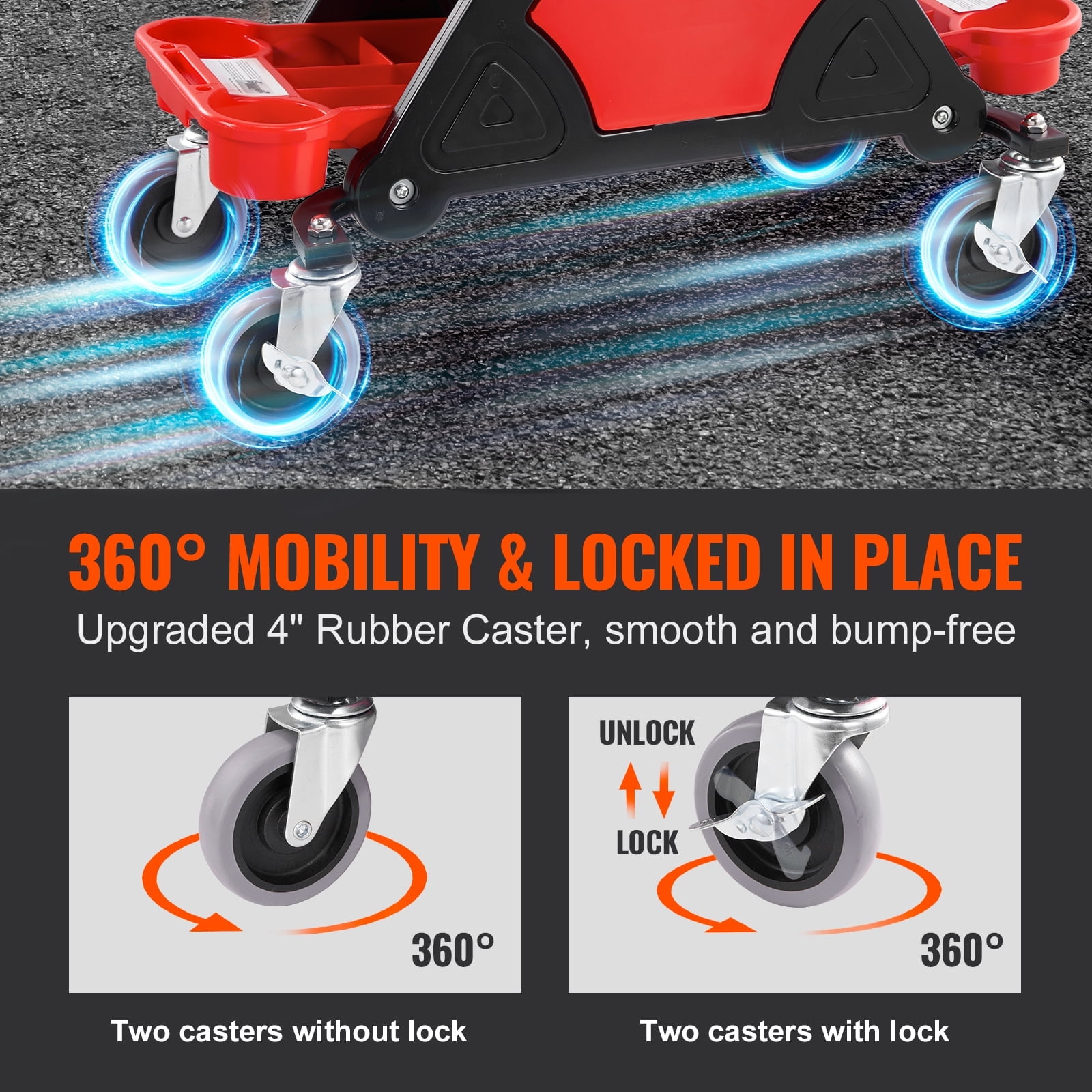 KFFKFF Mechanic's Roller Seat, Supports up to 300 LBS, Equipped with 4-inch Casters, Features 3 Pull-Out Storage Trays and a Drawer, Durable Rolling Creeper Chair for Garage and DIY Tasks