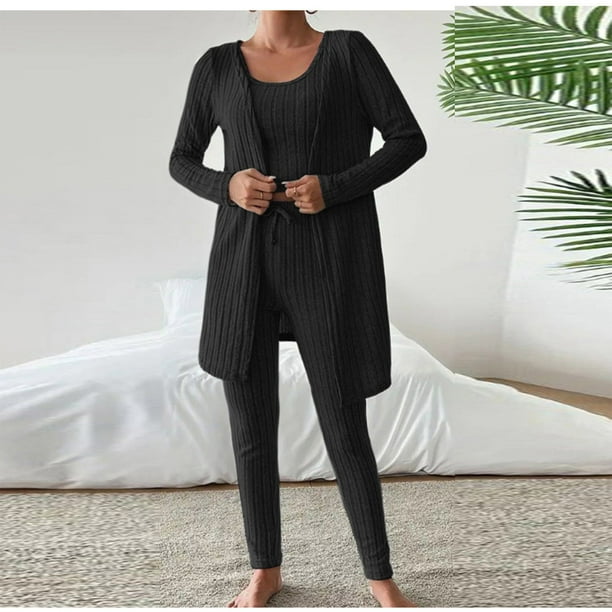 HongQid Womens Waffle Knit 3 Piece Lounge Sets Pajama Tank Top Long Sleeve Cardigan and Pants Loungewear Outfit