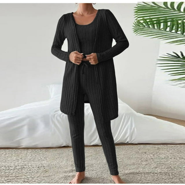 HongQid Womens Waffle Knit 3 Piece Lounge Sets Pajama Tank Top Long Sleeve Cardigan and Pants Loungewear Outfit