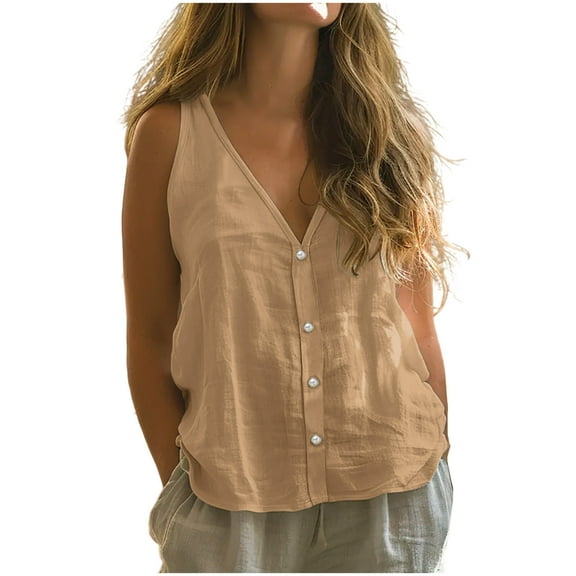 Olyvenn Womens Button Down Tank Tops V Neck Cotton Linen Sleeveless Shirts 2025 Summer Beach Casual Tank Top Khaki L