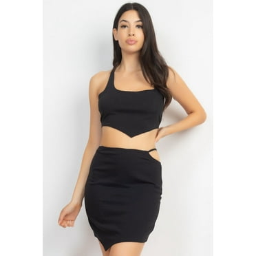 Asymmetrical Cross Back Top & Skirts Set Black S