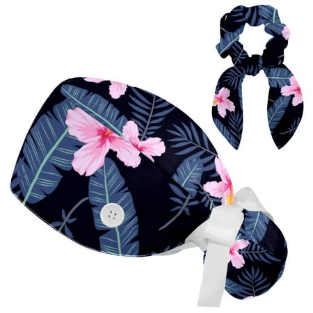 

Working Cap with Buttons and Sweatband Scrub Hat Bouffant Caps with Scrunchie Tropical Plants Tie Back Hats