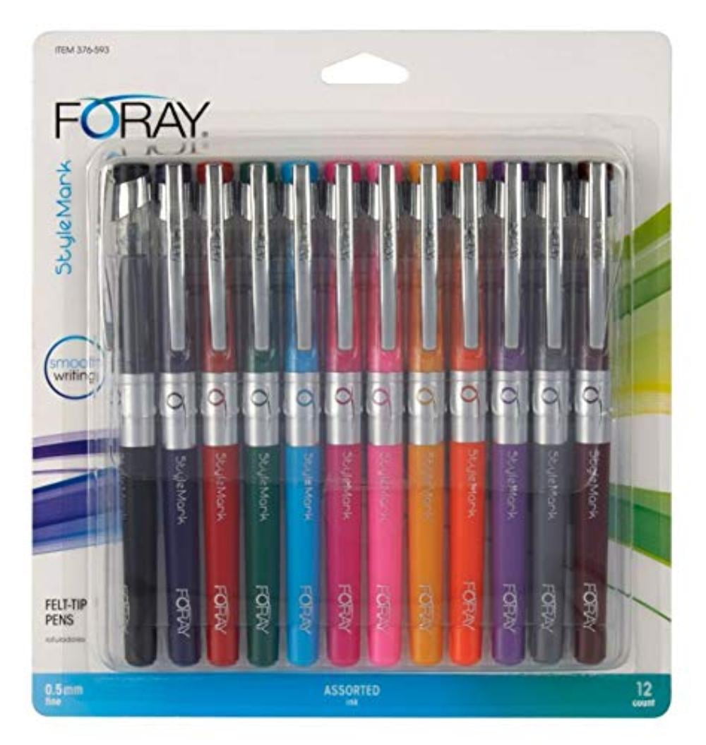 12-Pk 0.7 mm Black Ink FORAY Marker-Style Porous Point Pens W/Soft Grips