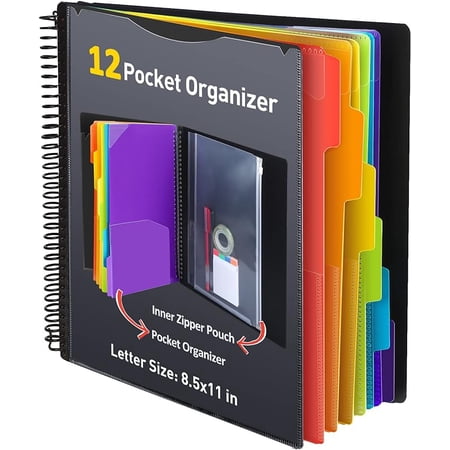 HABGP Spiral File Folders with Pockets, Plastic Folder Organizer with 12 Pocket, 6 Colors Binder Project Organizer Letter Size for School Office Filing Cabinet