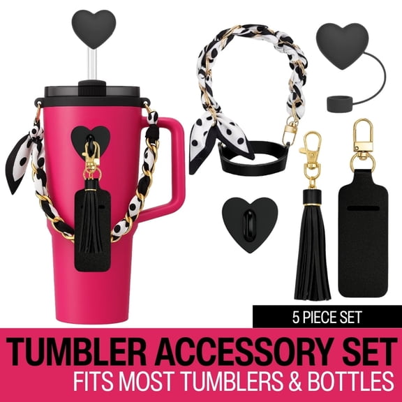 Tumbler Accessory Set with Water Bottle Handle, Straw Topper, Charm Hook & Lip Balm Holder, Pink Pearl