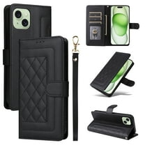 Wallet Case for iPhone 15, Vintage Wrist Strap Kickstand Credit Card Slots Magnetic Closure PU Leather Shockproof Drop Protective TPU Shell Compatible with iPhone 15, Black