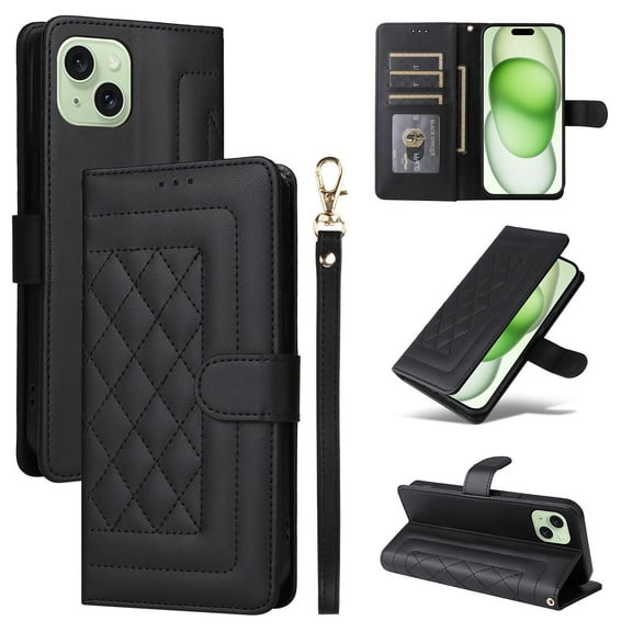 Wallet Case for iPhone 15, Vintage Wrist Strap Kickstand Credit Card Slots Magnetic Closure PU Leather Shockproof Drop Protective TPU Shell Compatible with iPhone 15, Black
