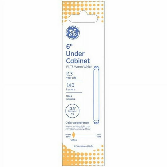 GE Fluorescent Under Cabinet Tube Light, 4 Watt, Warm White, F4 T5 Tube Light, 6 inches, 1pk