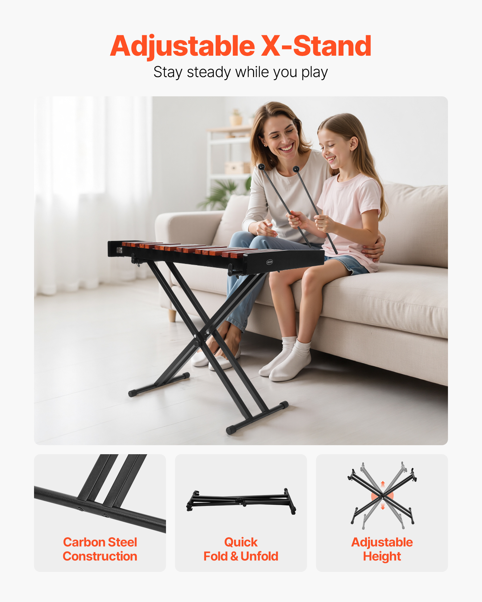 VEVOR Glockenspiel Xylophone,37 Notes, Wooden Professional Xylophone Percussion Instrument, with Height Adjustable Stand, 4 Mallets, Carrying Bag, Beginner Musical Instrument Kit for Adults and Kids