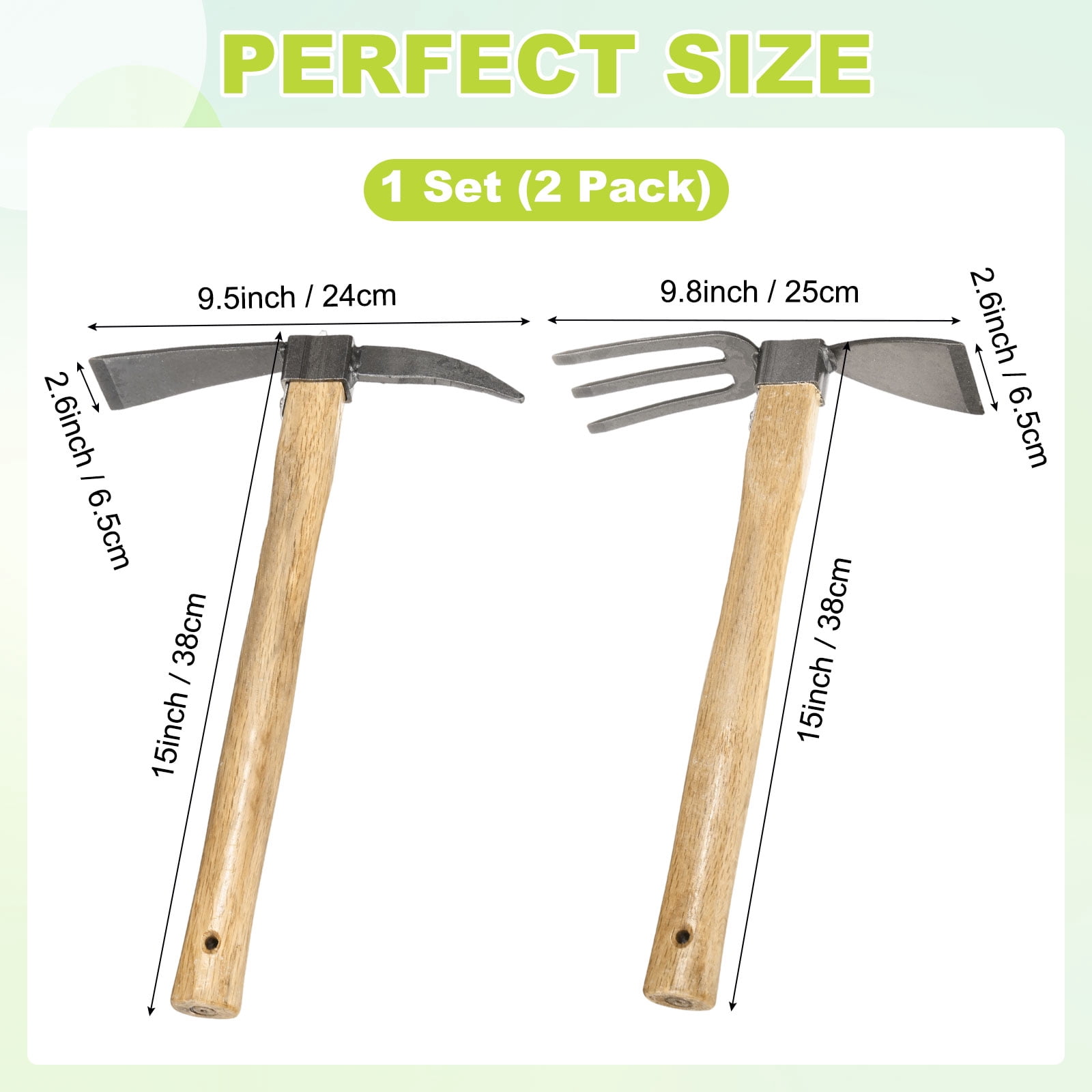 2 PCS Garden Hoe Tools, 15 Inches Stainless Steel Cultivator Hand Tiller and Hand Pick Axe with Solid Wood Handle, Pick Mattock Hoe for Digging/Weeding/Gardening/Planting