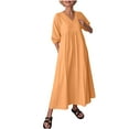 thumbnail image 2 of Abomasnow Women's Plus Size Cotton Linen Dresses Summer Puff 3/4 Sleeve Deep V Neck Flowy Maxi Dress with Pockets, 2 of 9