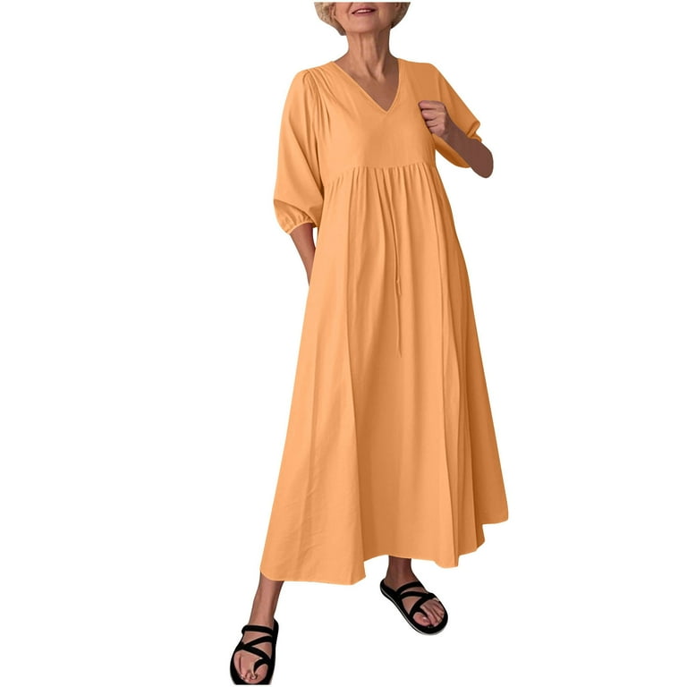 Blmnix Plus Size Women's Dresses Cotton Linen Fit & Flare Tea-Length Skirt Yellow V-Neck 3/4 Sleeve Sweater Dress,XXL Blmnix Plus Size Women's Dresses Cotton Linen Fit & Flare Tea-Length Skirt Yellow V-Neck 3/4 Sleeve Sweater Dress,XXL