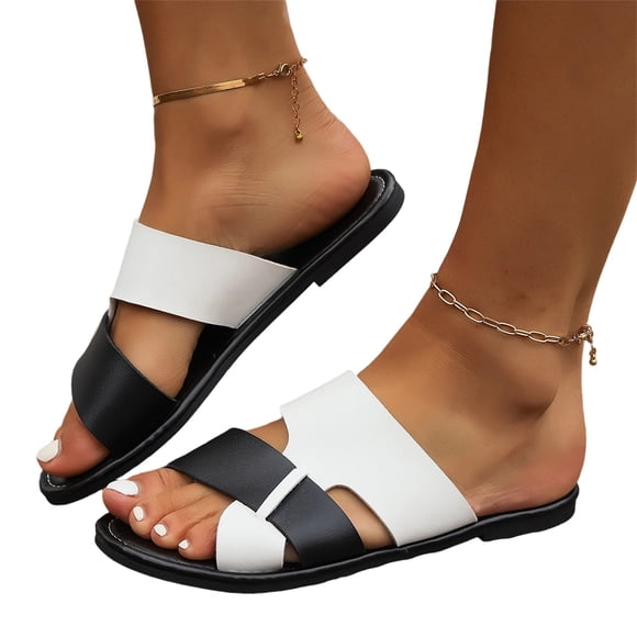 HTHLVMD Open-Toe Flat Shoes, Crisscross Strap Summer Slides, Women Shoes Slip On, Beach Sandals, Color Block Slide Sandals, Women's Dressy Flat Sandals Comfortable Slip-On Slide Sandals, White 7.5