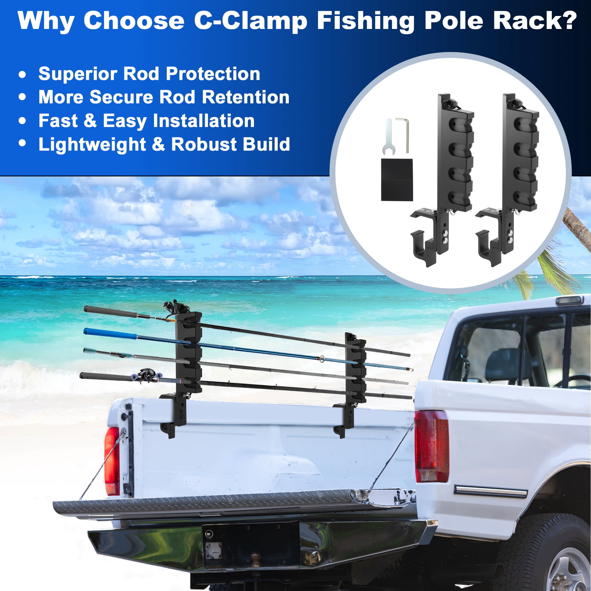 Unique Bargains Fishing Rod Holder with C-Clamp Mount Black 4 Rods
