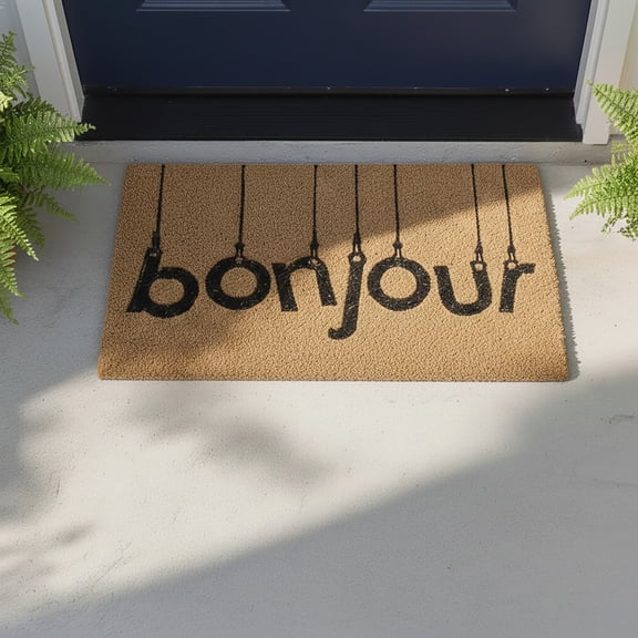 Sheltered Rectangle Coir Door Mat -Bonjour- Non Slip Backing Natural- Black 24x16