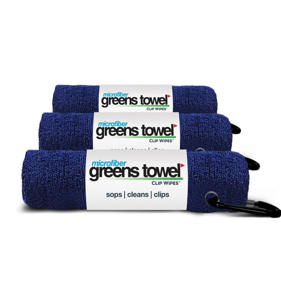Greens Serviette Bleu Marine Ensemble de 3 Serviettes de Golf pour Sacs de Golf avec Clip Tissu en Microfibre Peluche 16x16 l'Original (Marine Classique)