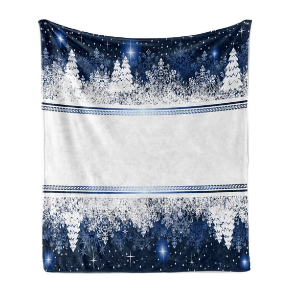 Christmas Soft Flannel Fleece Blanket, Frosty Winter Theme Border Abstract Vibrant Trees and Stars Yuletide Artwork, Cozy Plush for Indoor and Outdoor Use, 50" x 60", Dark Blue White, by Ambesonne