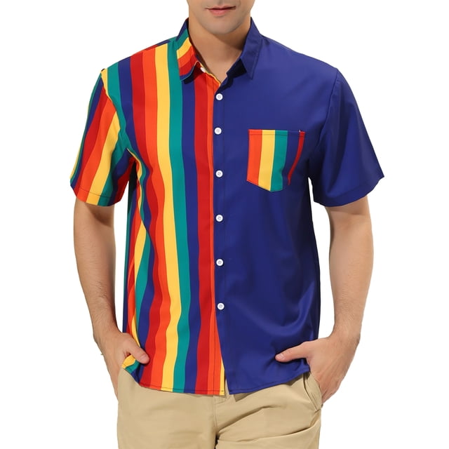 INSPIRE CHIC Men's Summer Striped Patchwork Short Sleeves Shirt XL Rainbow Blue